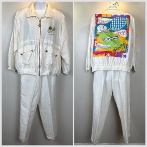 Vintage 90s Silk Track Suit Womens Medium Mureli Cream Back Tennis Graphic